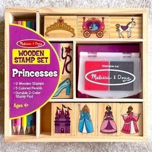Brand New Melissa & Doug Princesses Wooden Stamp Set Ink Pad Colored Pencils Set